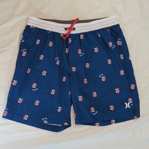 Hurley All Day Swim Trunks Large Blue Lined Shaka Sign Print 7"